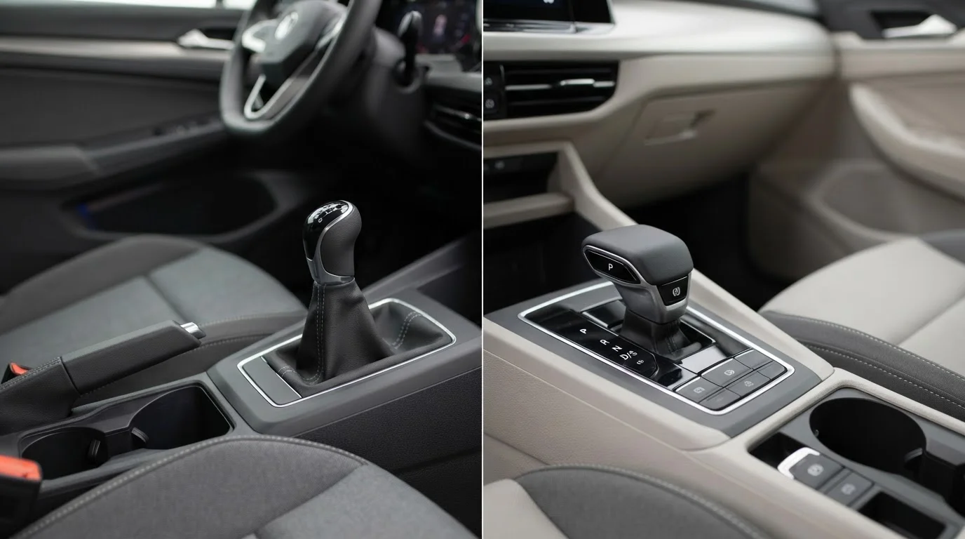 Side-by-side view of a manual gear shifter and an automatic transmission selector inside a car