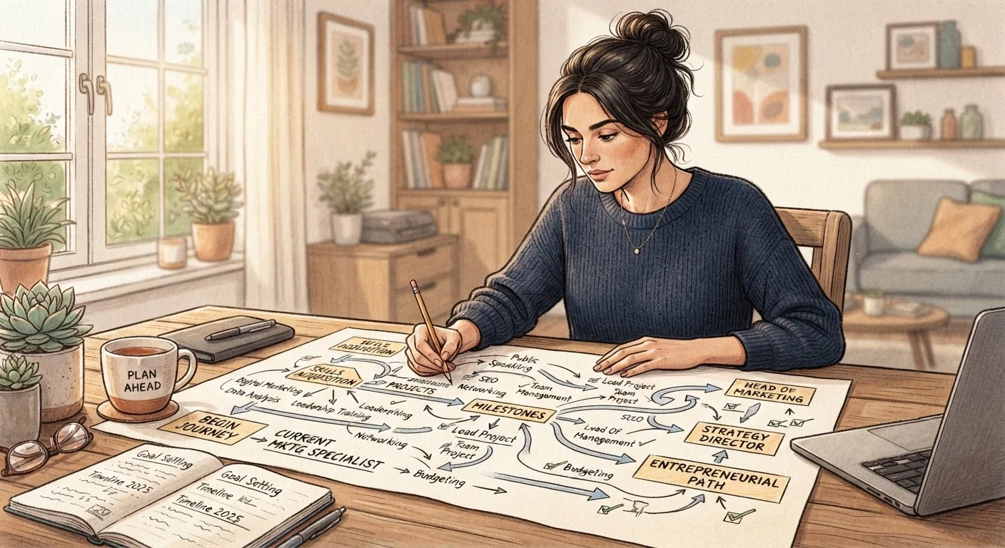Person studying a detailed career roadmap with branching paths and skill labels on paper