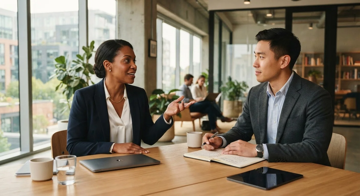Two professionals having a focused career conversation in a bright modern office setting