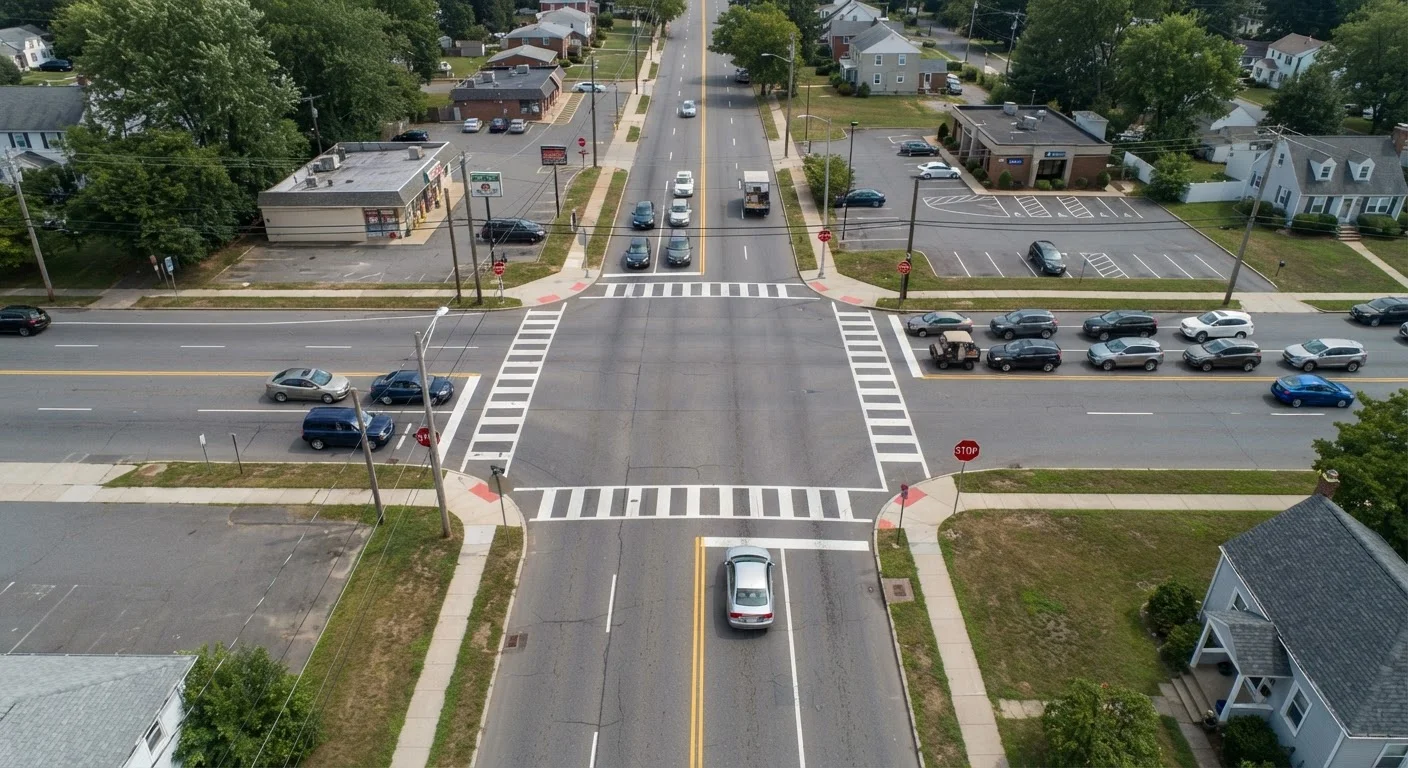 Aerial view of a four-way intersection with cars waiting at stop signs