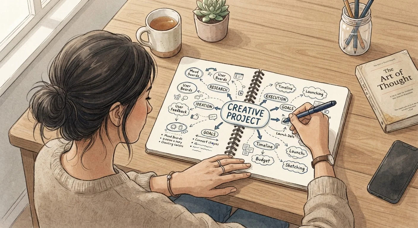 Person drawing a detailed mind map in a notebook at a well-lit study desk