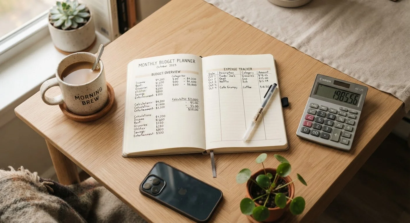 Open budget planner notebook on a desk with pen, calculator, and coffee mug.