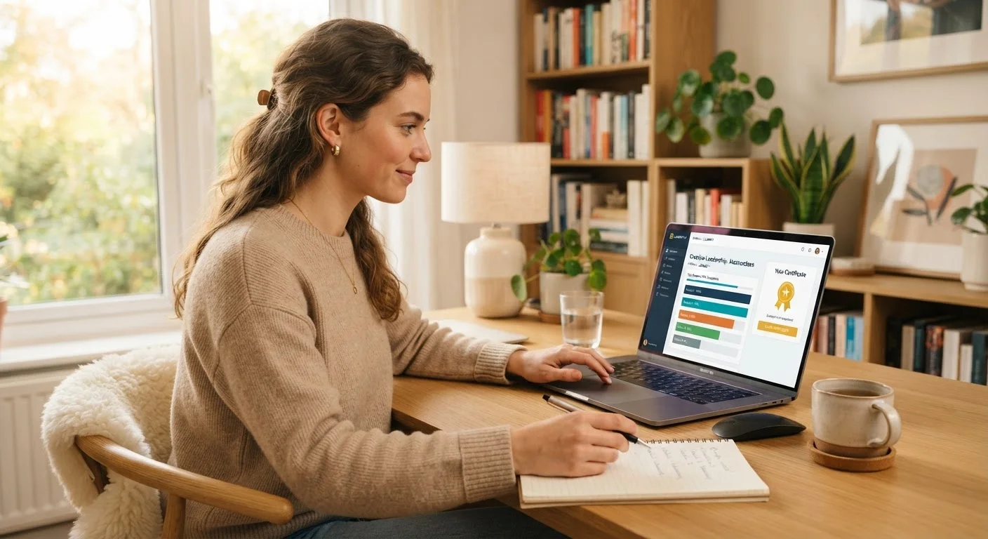 Person studying an online course on laptop with certificate completion progress visible on screen