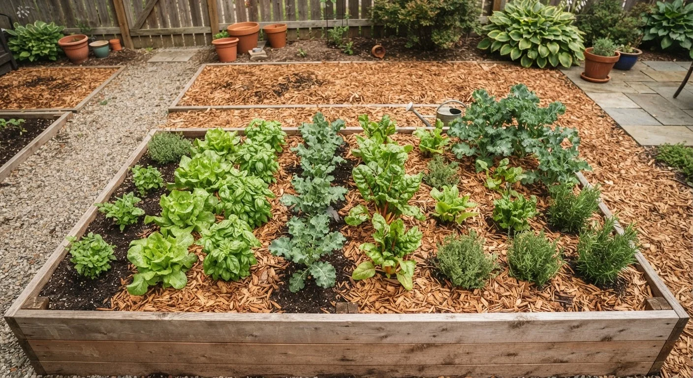 Garden bed with a thick, even layer of wood chip mulch surrounding green plants