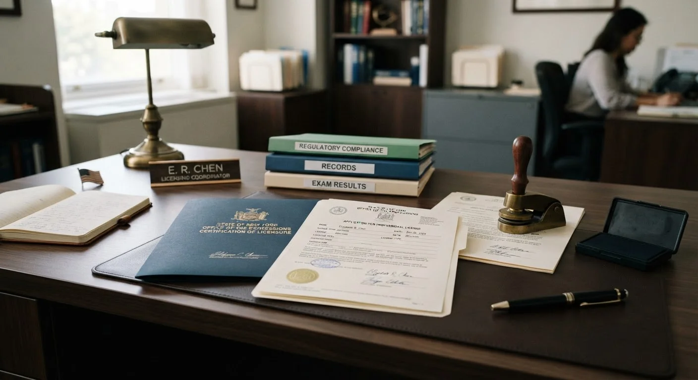 Official certification documents and a state seal stamp on a professional desk.