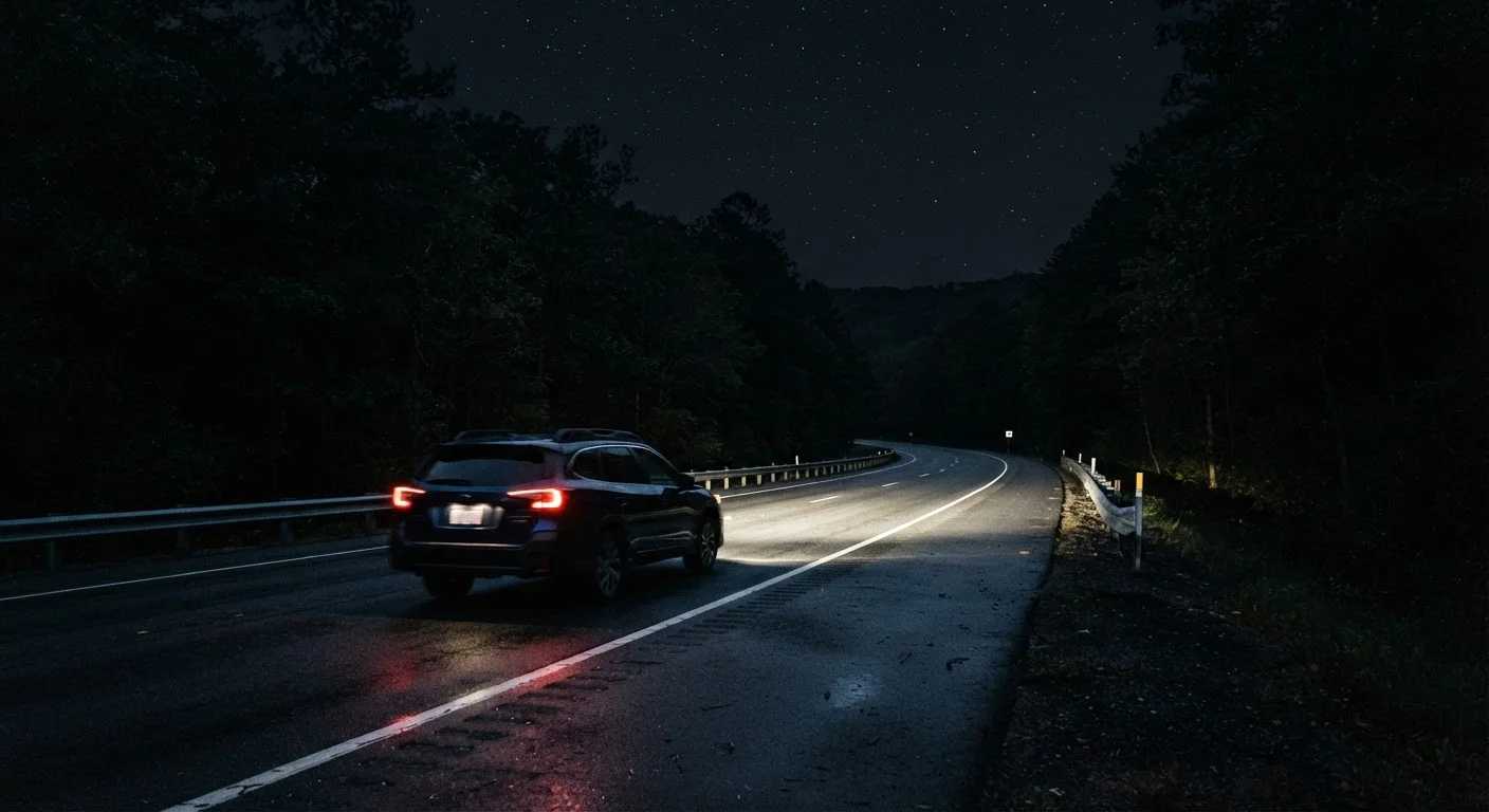 Car headlights cutting through darkness on an empty highway at night