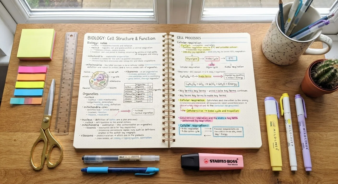 Open notebook with organized handwritten notes in multiple formats alongside colorful pens and highlighters