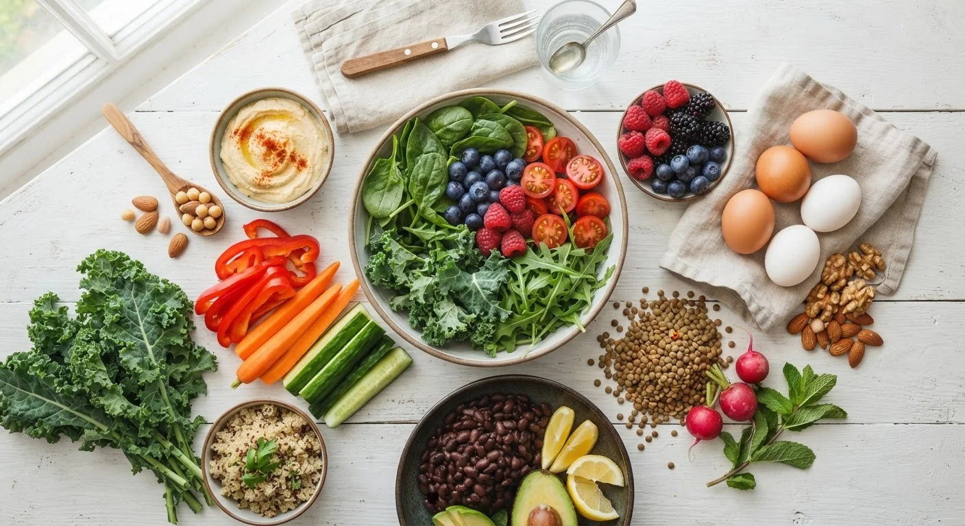 Colorful whole foods including greens, berries, nuts, and eggs arranged on a white surface.