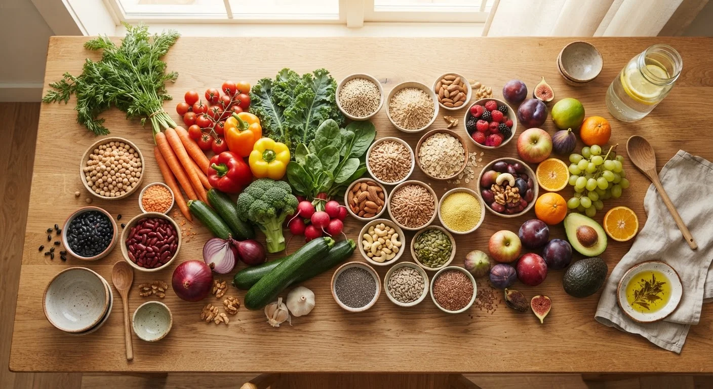 Colorful whole foods including vegetables, grains, legumes, nuts, and fruit arranged on a wooden table.