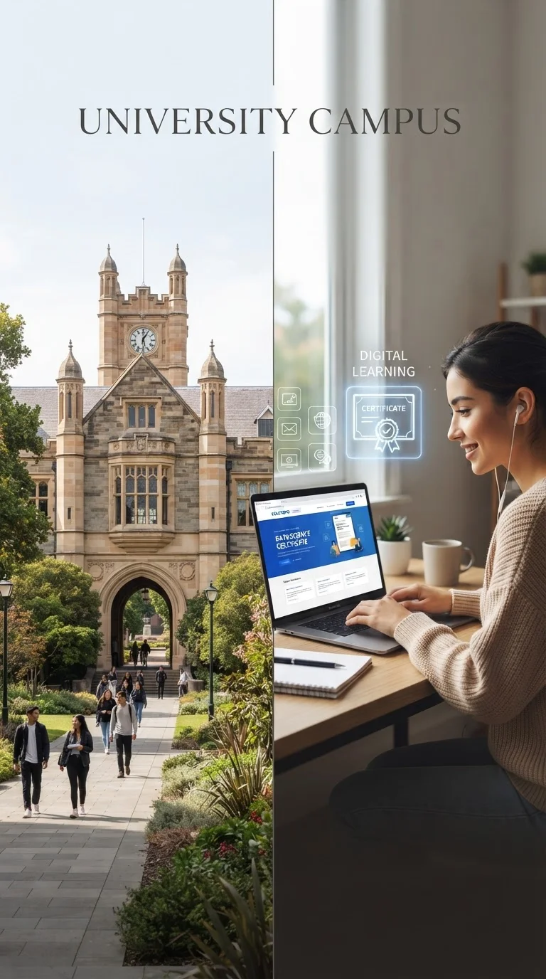 Split image contrasting a university campus building with a person earning an online certification on a laptop