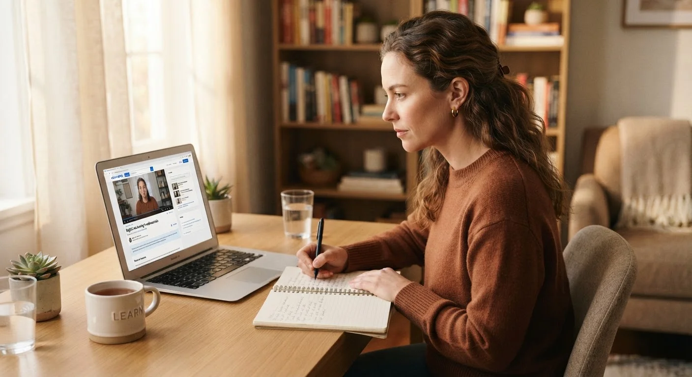 Adult learner studying an online course on a laptop at a well-lit desk