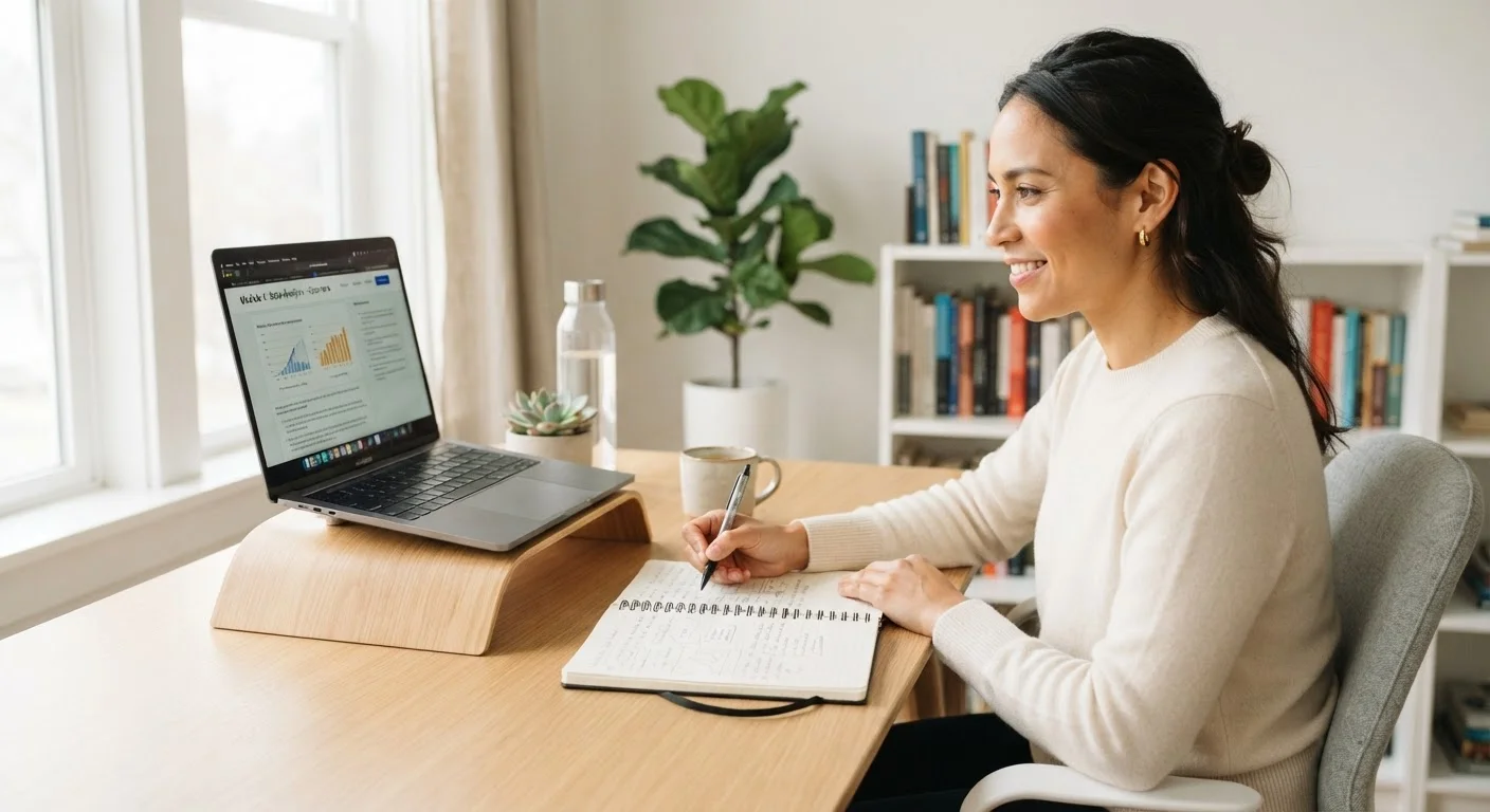 Adult learner studying at a well-lit desk with a laptop and open notebook