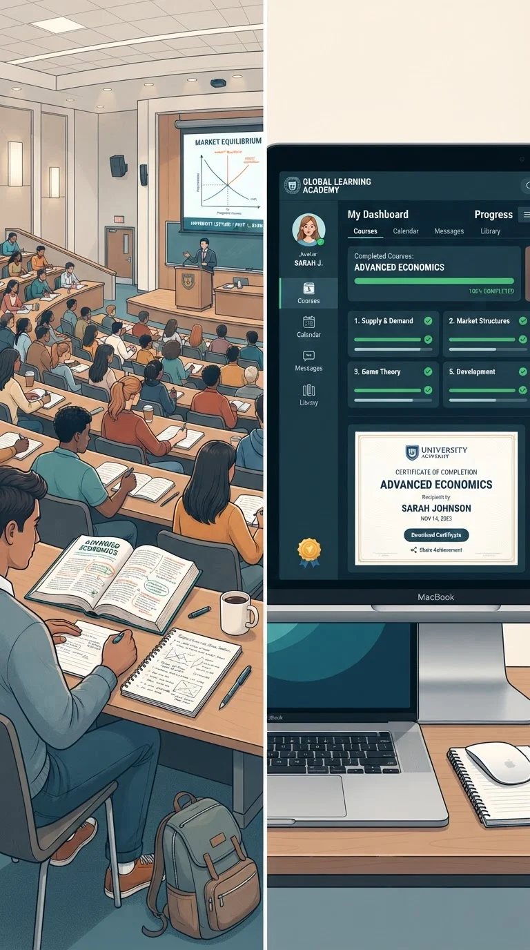 Split view contrasting open university courseware with a structured digital learning platform interface