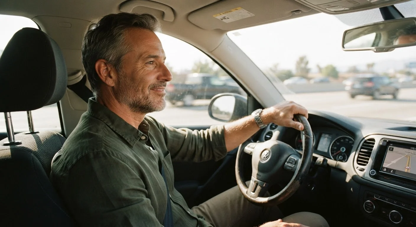 Experienced driver relaxed at the wheel on a highway, suggesting complacency and overconfidence