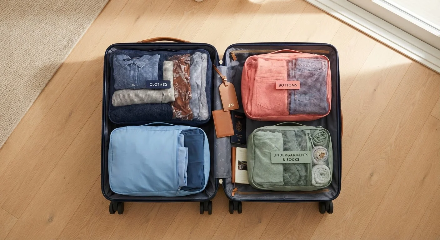 Open suitcase organized with multiple color-coded packing cubes containing folded clothing