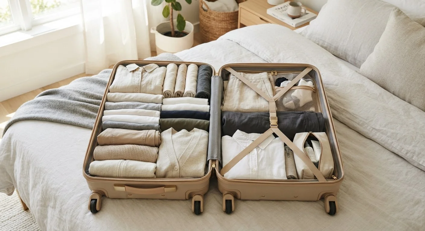 Neatly packed open suitcase with layered neutral clothing organized in a compact, efficient arrangement
