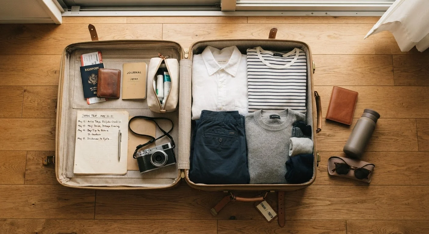 Open suitcase with minimal, neatly folded clothing and travel documents on a wooden floor