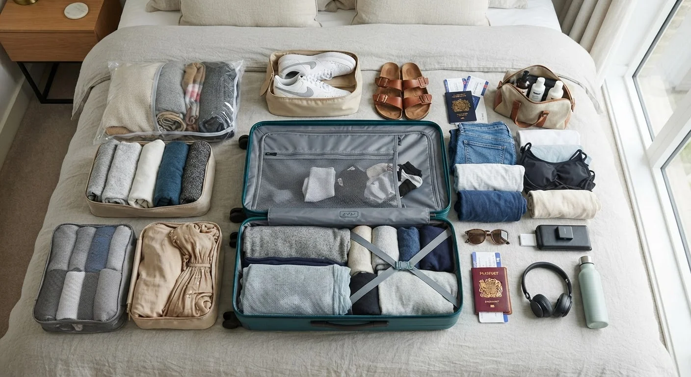 Open suitcase on a bed with rolled clothes, shoes, and packing cubes laid out neatly