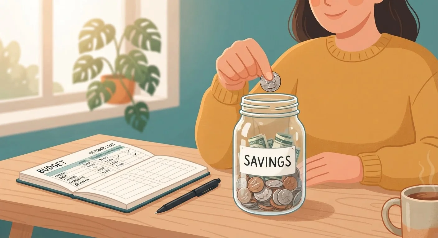 Person placing money into a savings jar beside a budget notebook on a desk
