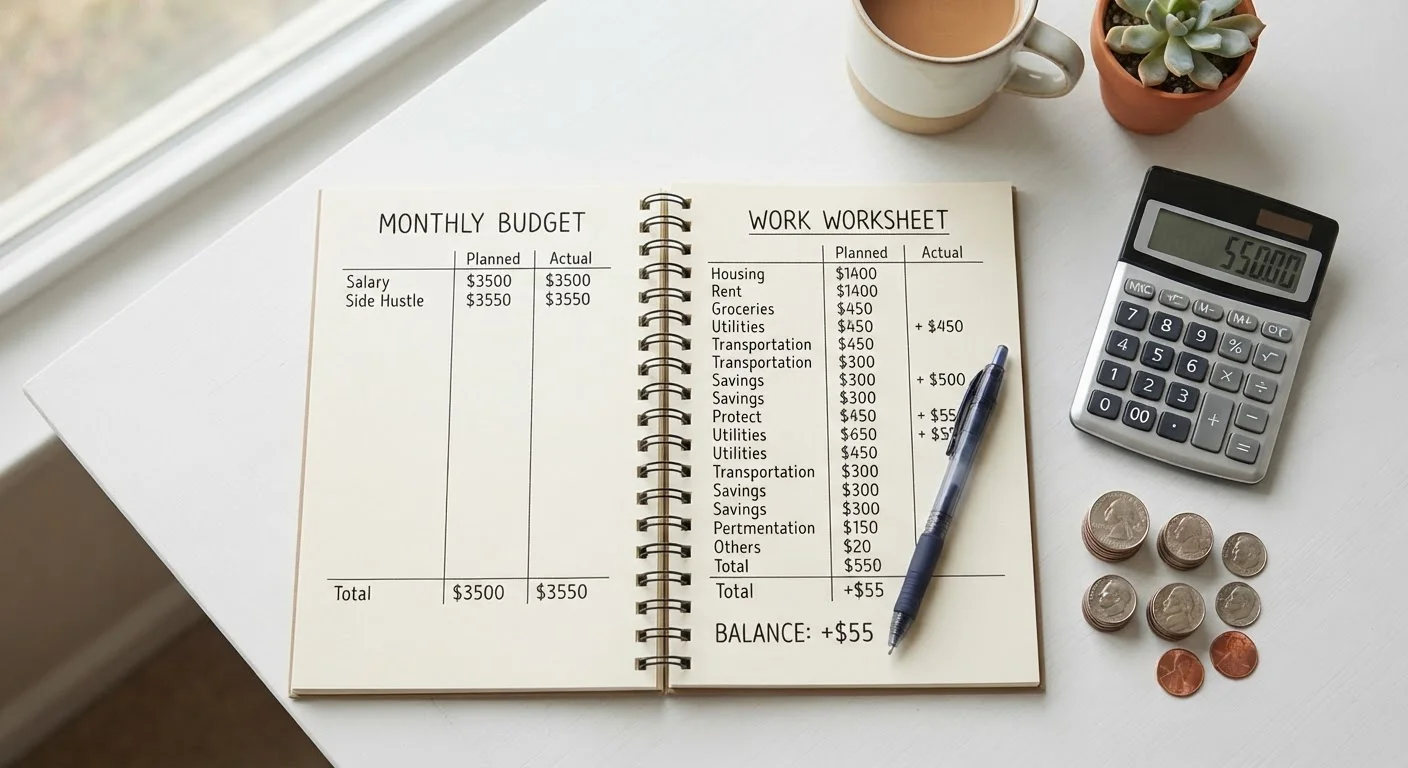Open budget notebook with a calculator, pen, and coins on a white desk