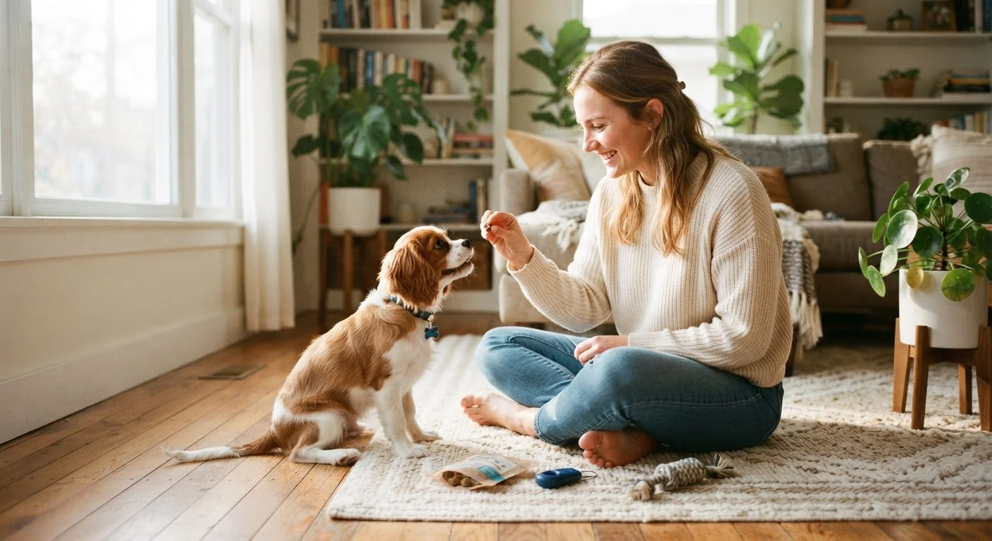 New pet owner sitting on floor rewarding a small dog with a treat during training