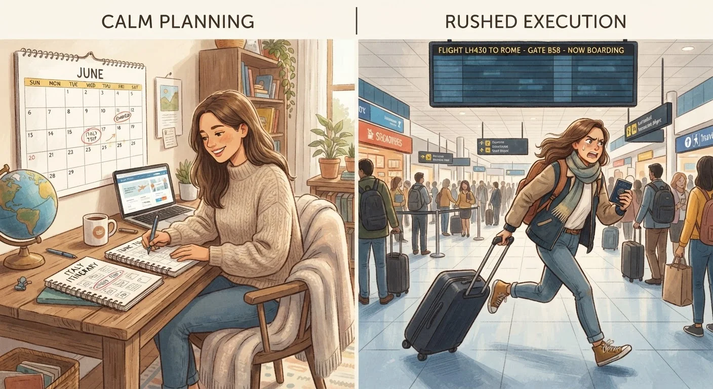 Traveler planning a trip far in advance at a desk versus rushing to book a last-minute flight at an airport