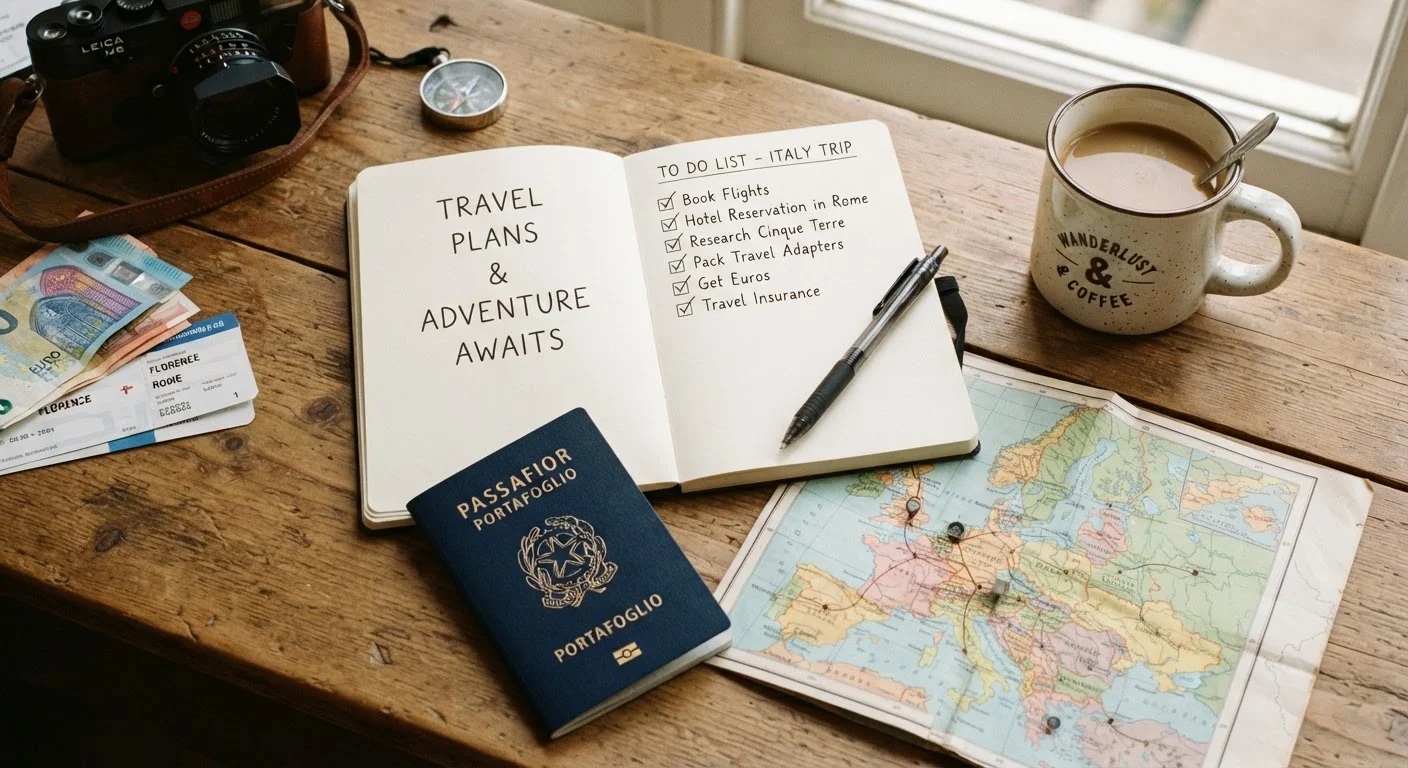 Travel planning flat lay with passport, checklist notebook, world map, and pen on a wooden desk.