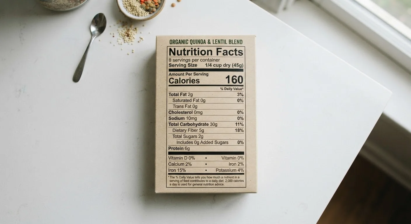 Close-up of a nutrition facts label on a food package on a kitchen counter