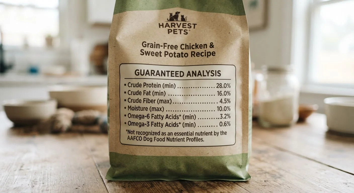 Close-up of a pet food bag label displaying the guaranteed analysis nutritional panel.