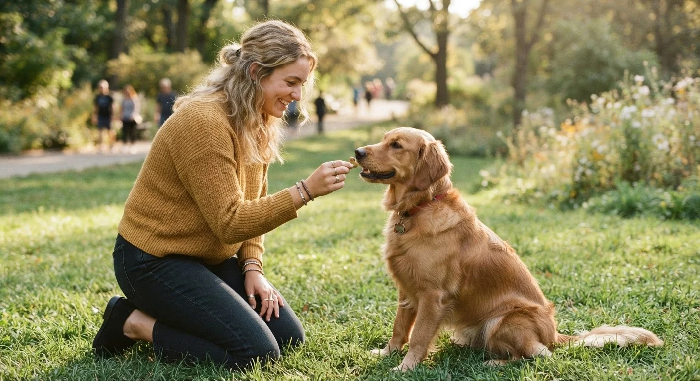 Person rewarding a sitting golden retriever with a treat on a sunny lawn
