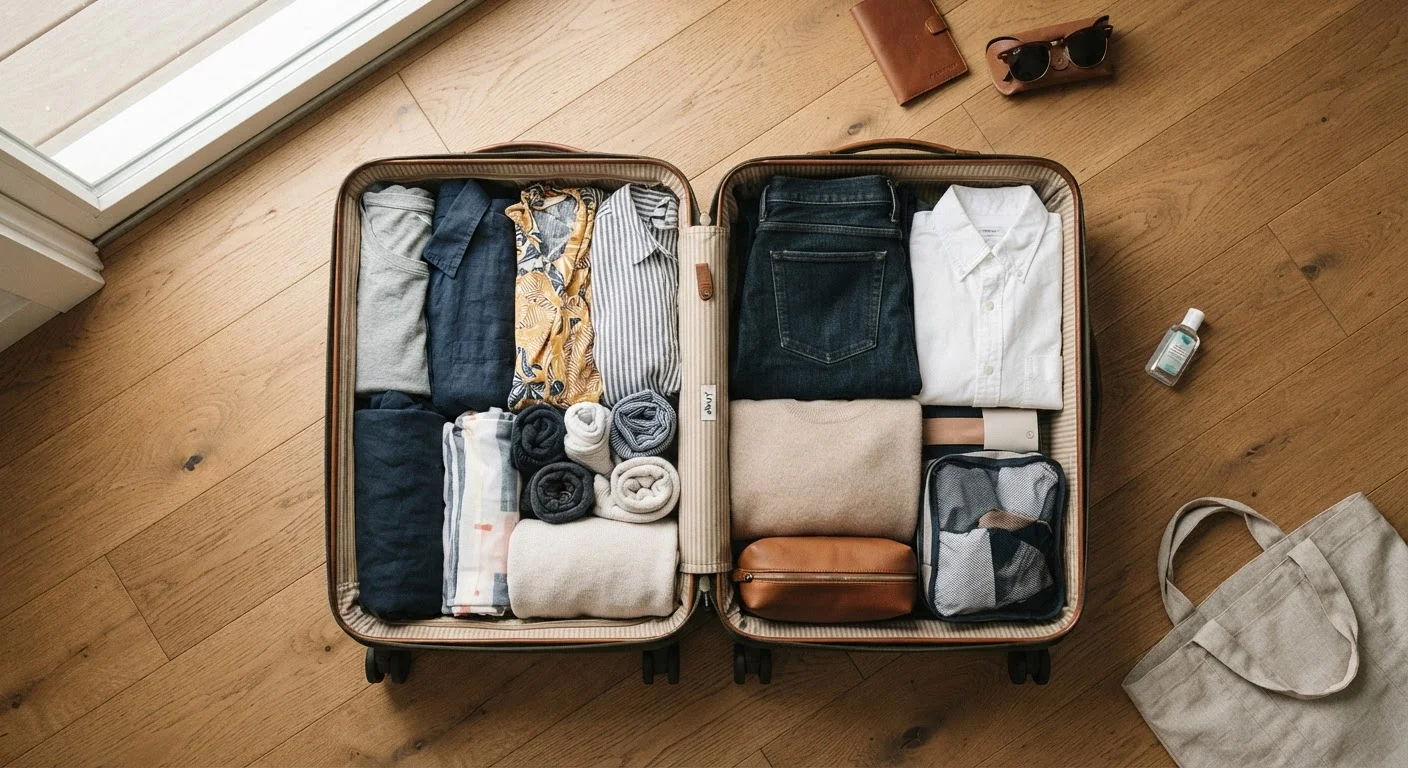 Open suitcase showing rolled clothes on one side and folded clothes on the other