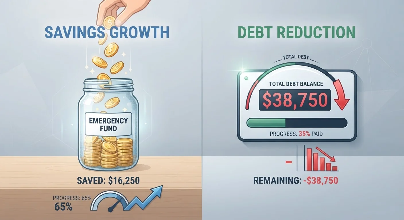 Split illustration comparing a savings jar filling with coins and a debt balance decreasing on a meter