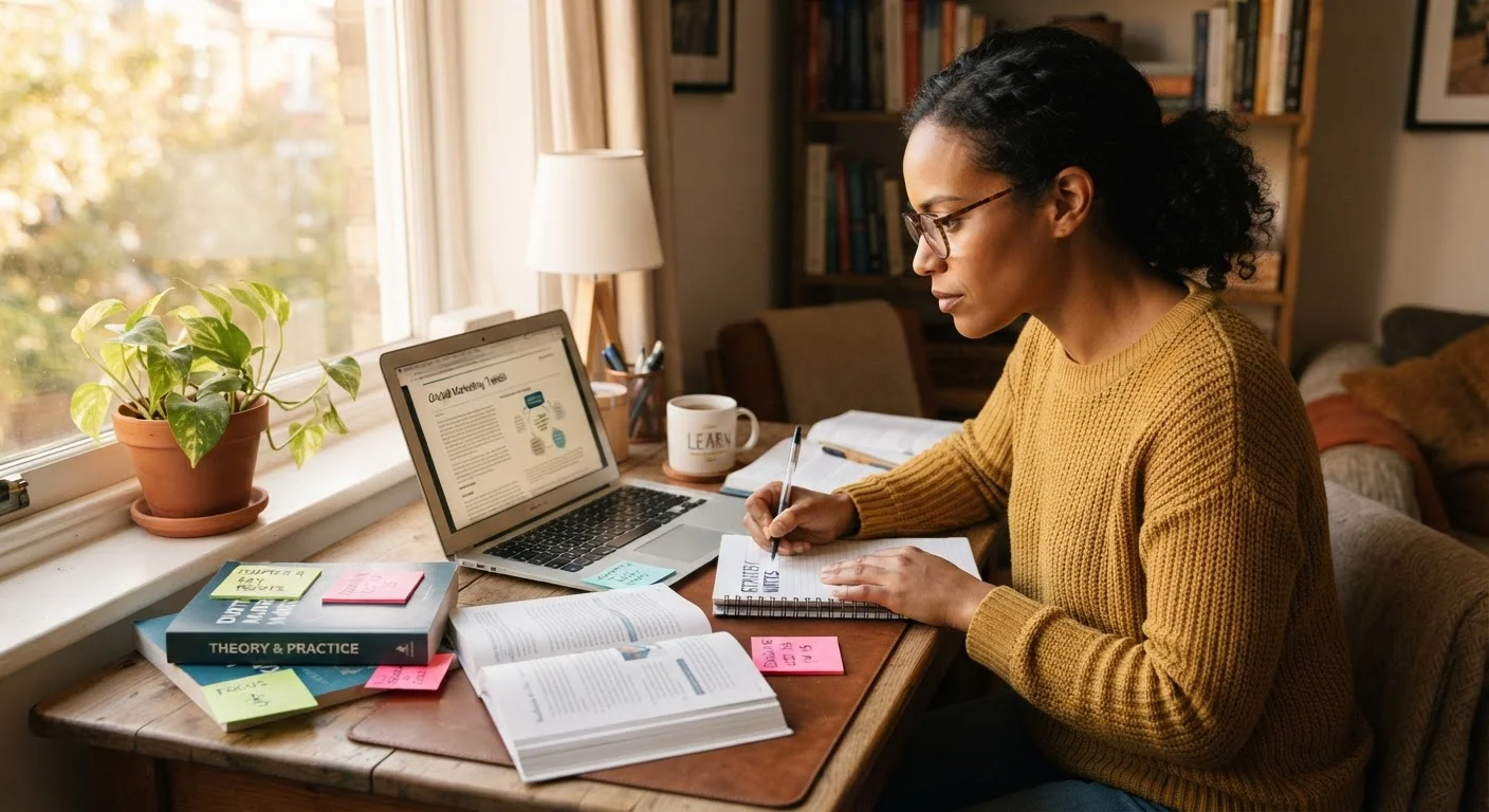 Adult learner studying independently at a desk with a notebook and laptop in natural light