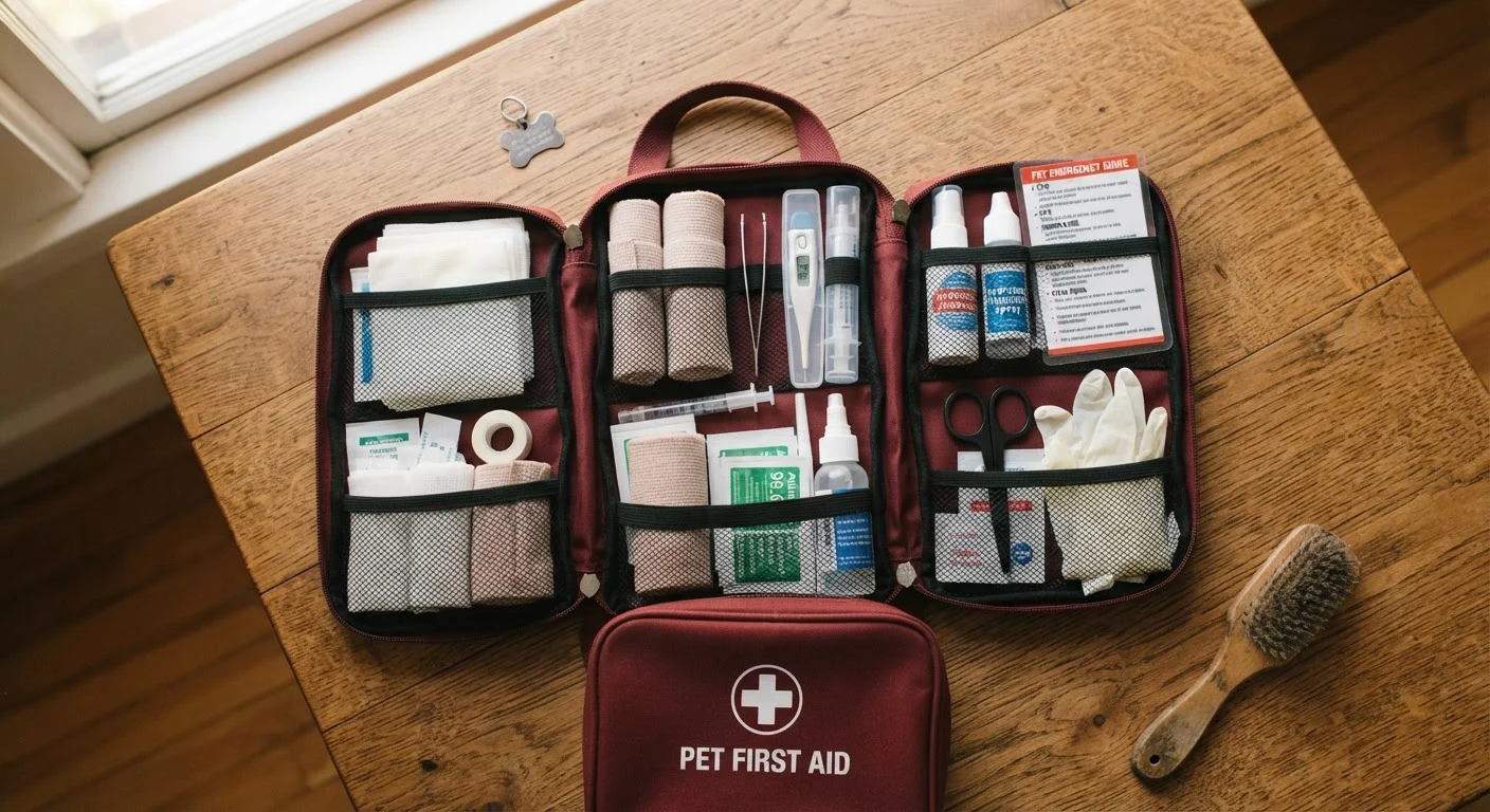 An open pet first-aid kit displaying essential supplies including bandages, gauze, thermometer, and tweezers on a wooden surface