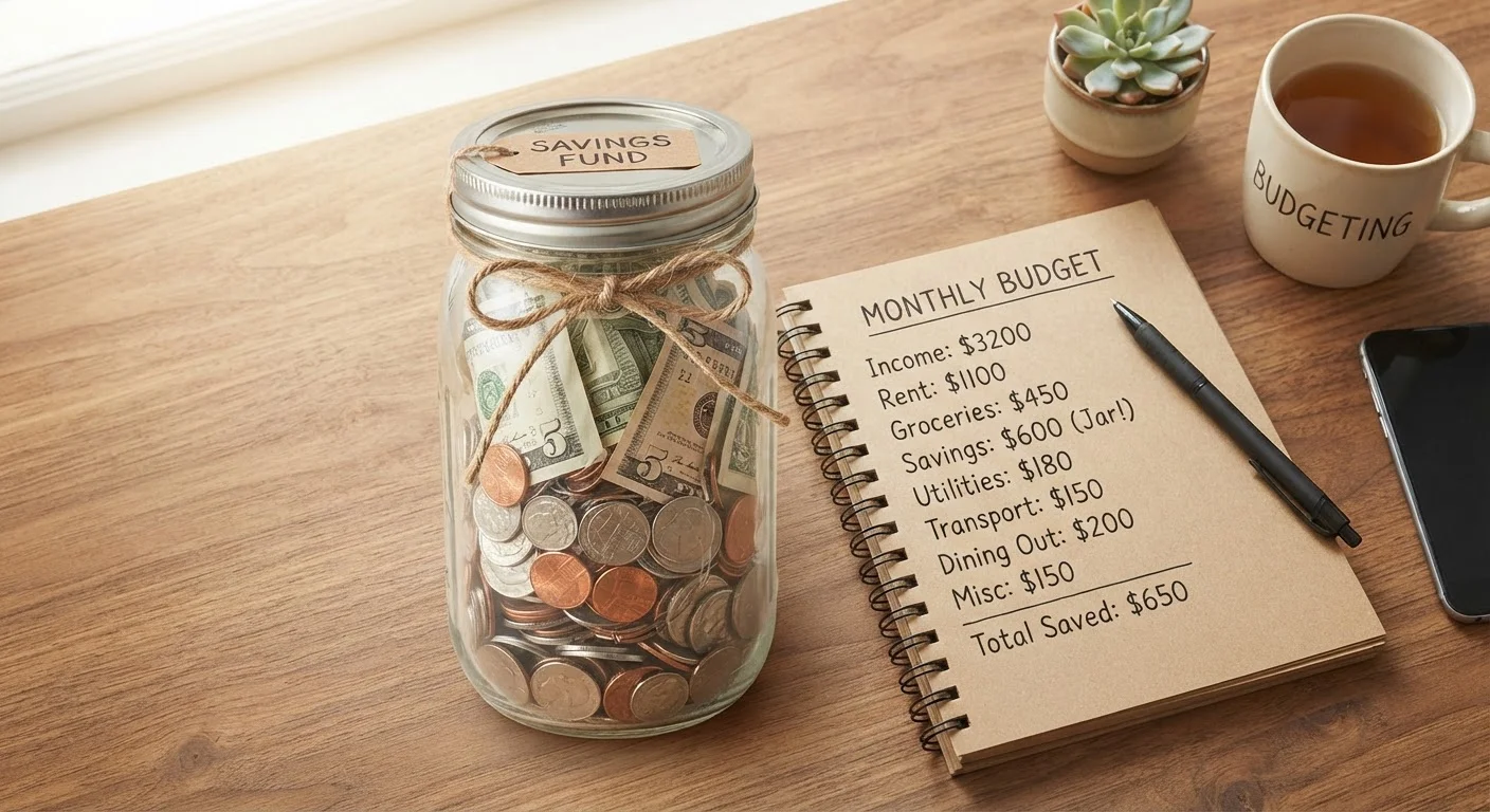 Glass jar filled with coins and cash beside a budget notebook on a wooden desk