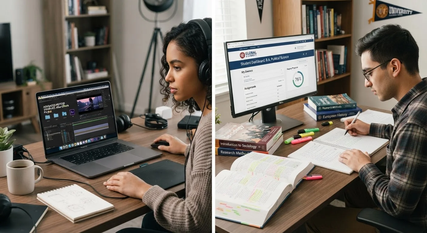 Two learners side by side — one doing skill-based online training, one pursuing a structured degree program