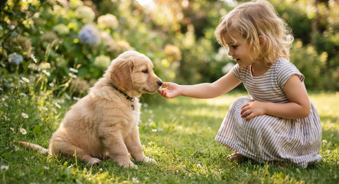 A golden retriever puppy calmly sniffing a child's hand outdoors on a sunny day