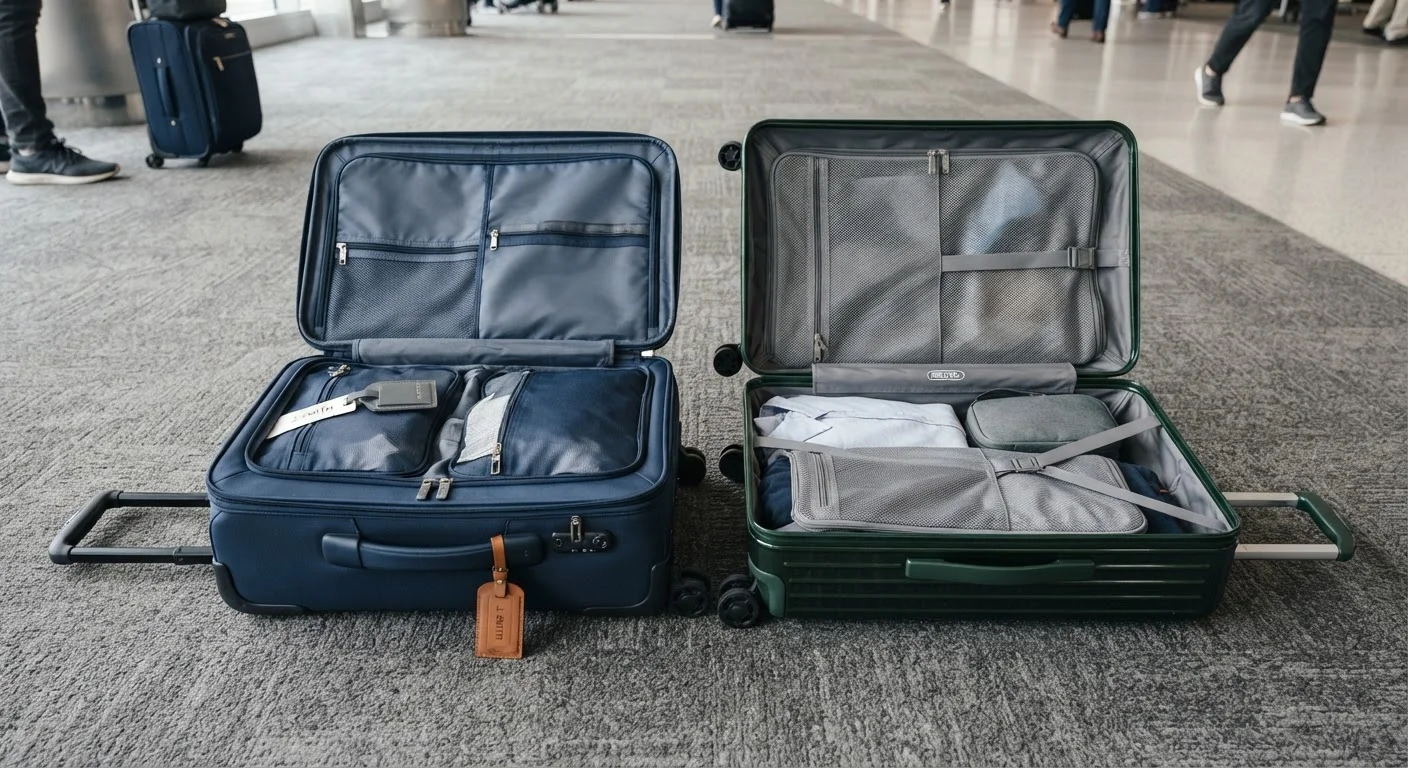 A soft-sided fabric suitcase and a hard-shell polycarbonate suitcase open side by side on an airport floor