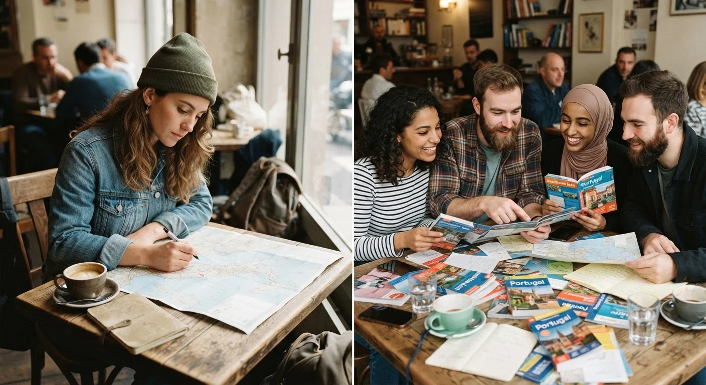 One solo traveler planning a trip at a café beside a group coordinating travel together