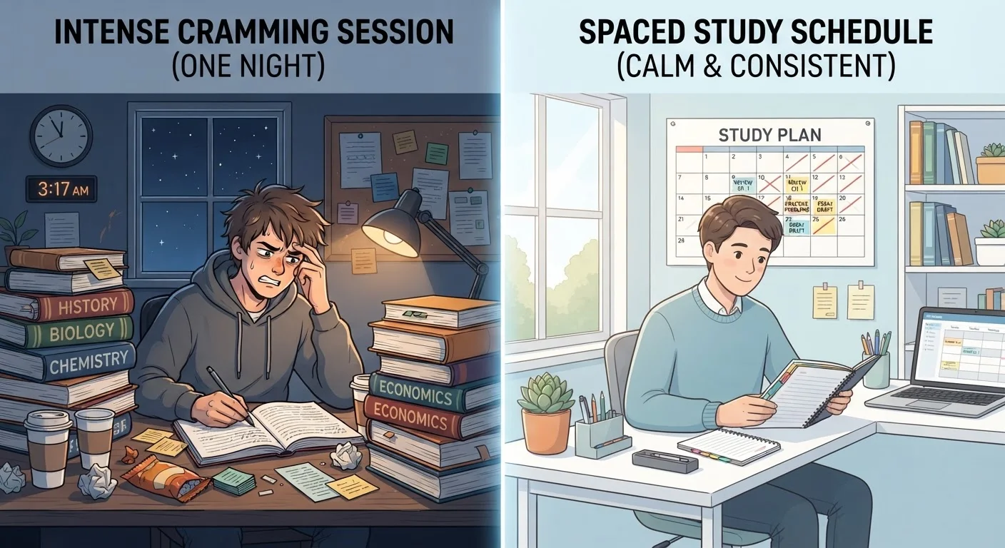 Split illustration contrasting late-night cramming on one side with a calm, spaced study schedule on the other