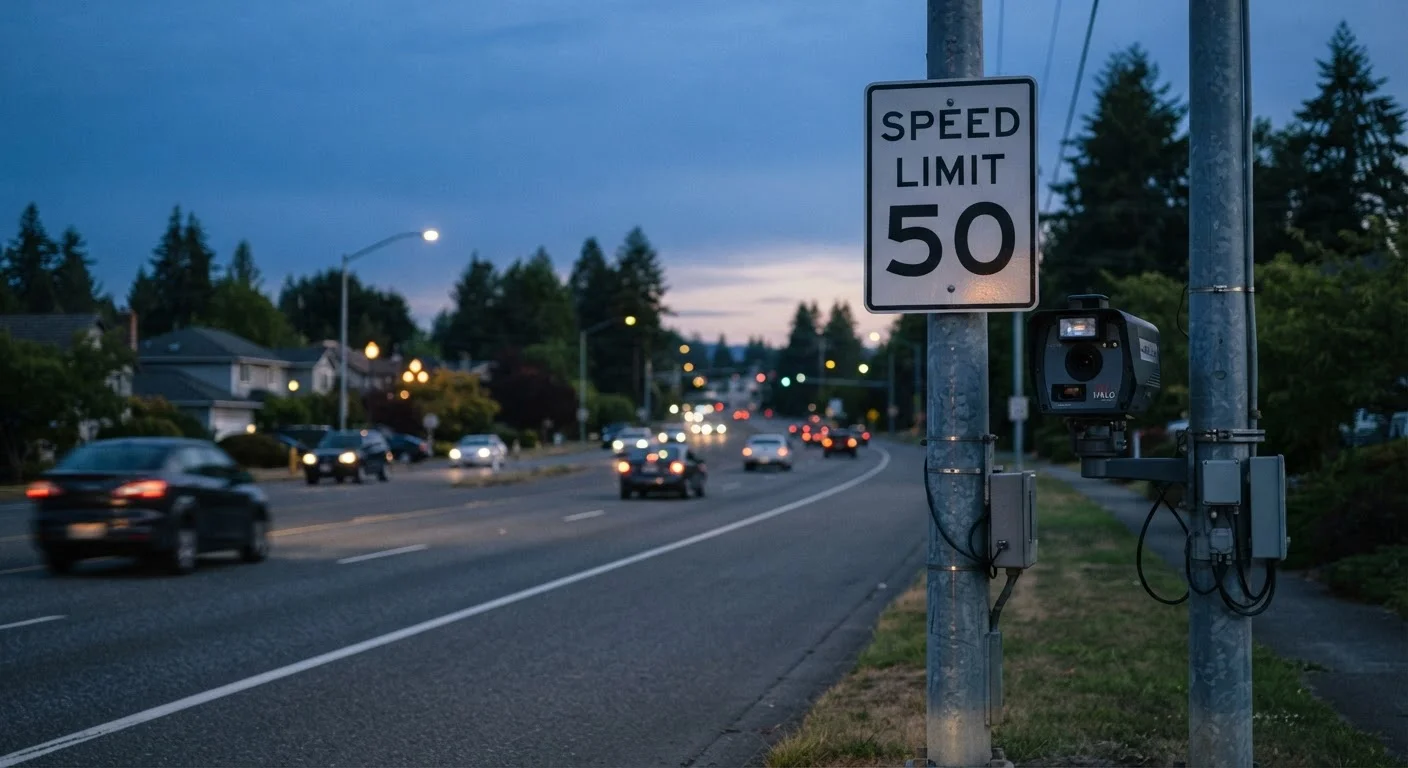 A highway speed limit sign and speed camera mounted on a roadside pole at dusk