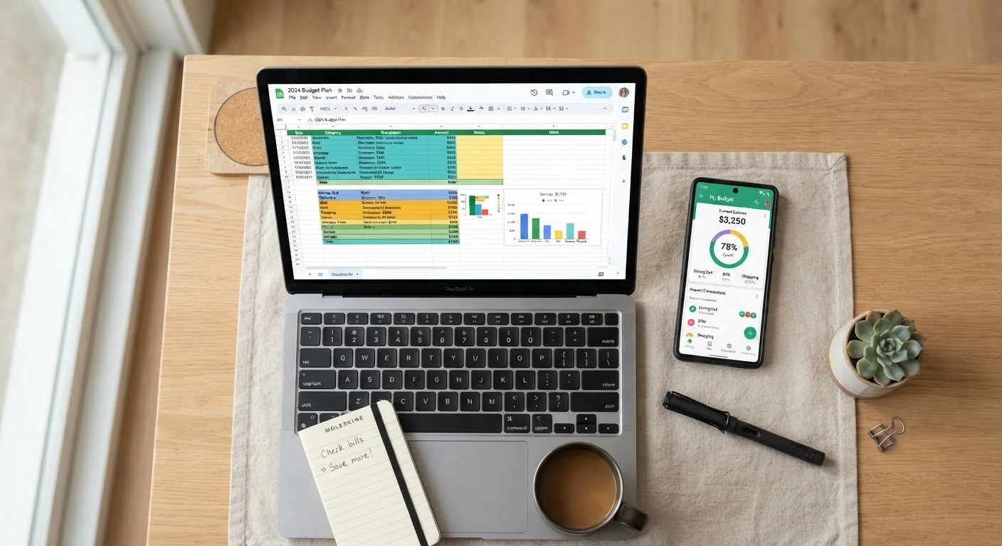 Laptop with budget spreadsheet next to smartphone showing a budgeting app on a clean desk