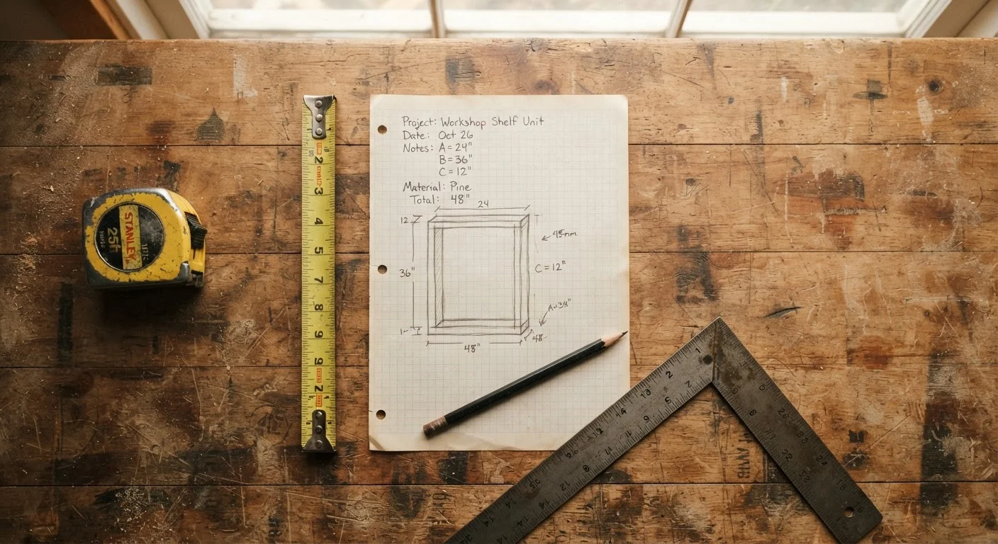 Tape measure, framing square, and measurement notes arranged on a workshop workbench.