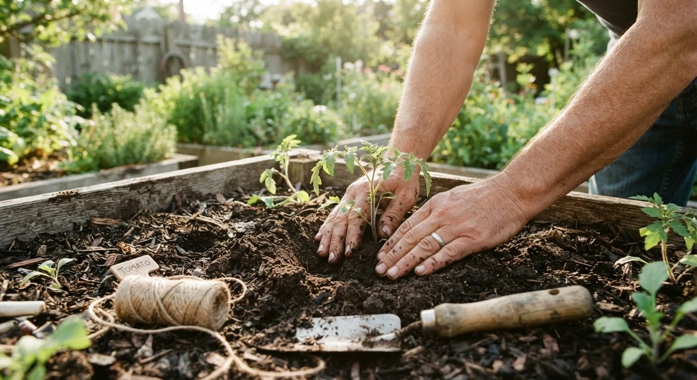 Hands planting a seedling into dark garden soil in a sunny backyard bed with gardening tools nearby.