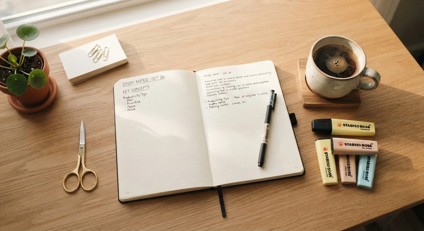 A tidy study desk with an open notebook, colorful highlighters, and a warm cup of coffee