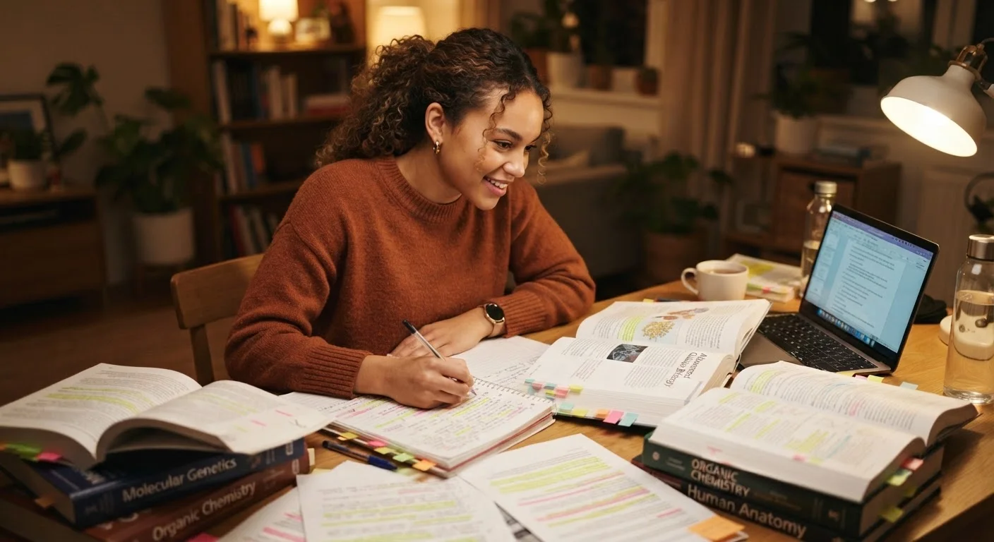 Student studying at a desk with textbooks and highlighted notes, appearing focused