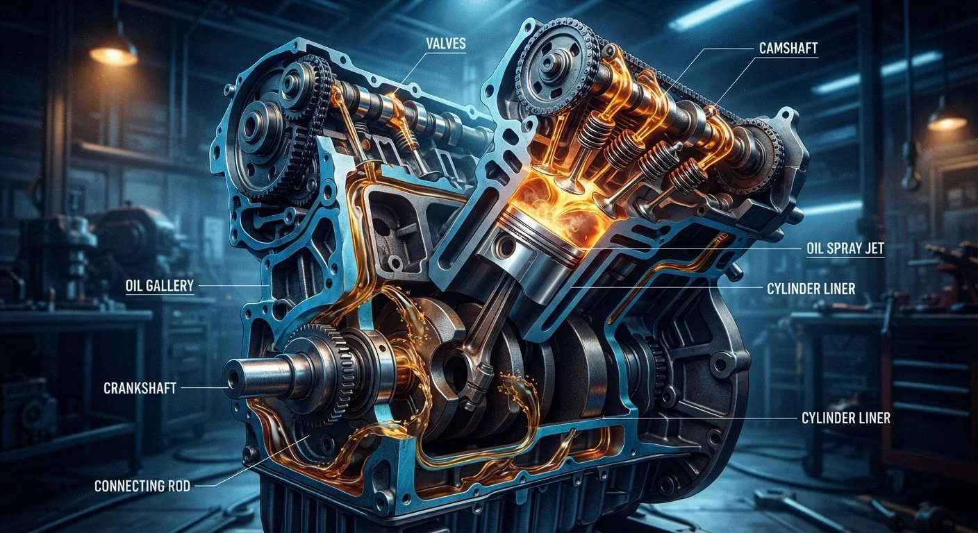 Cross-section illustration of engine internals showing motor oil flowing through metal components