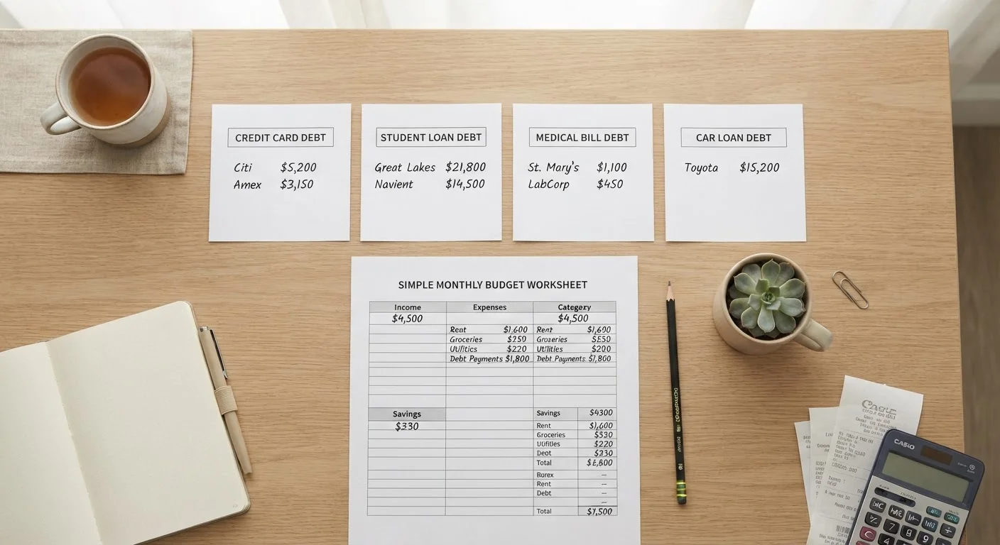 Organized desk with multiple debt papers and a budget worksheet laid out for review
