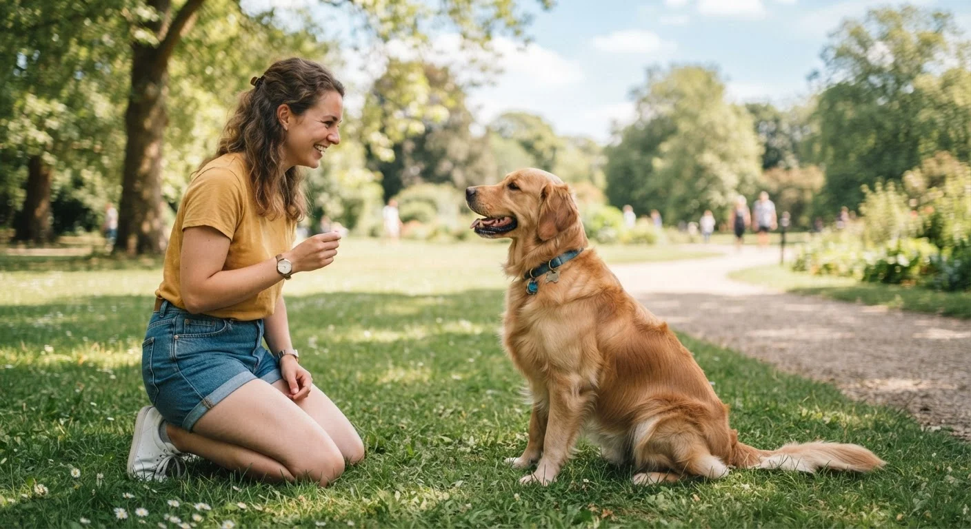 A dog sitting obediently in front of its owner during an outdoor training session