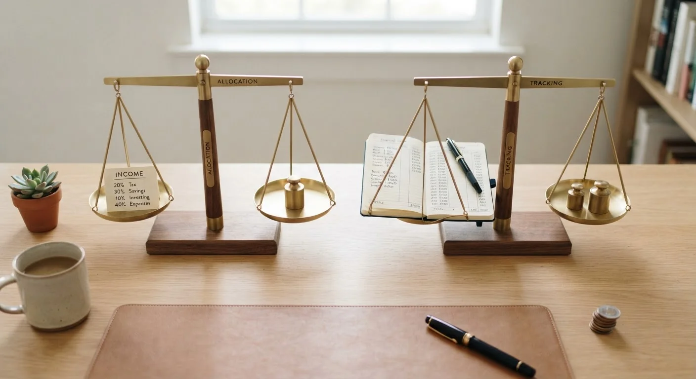Two budget planning methods represented by scales and a detailed ledger notebook on a desk